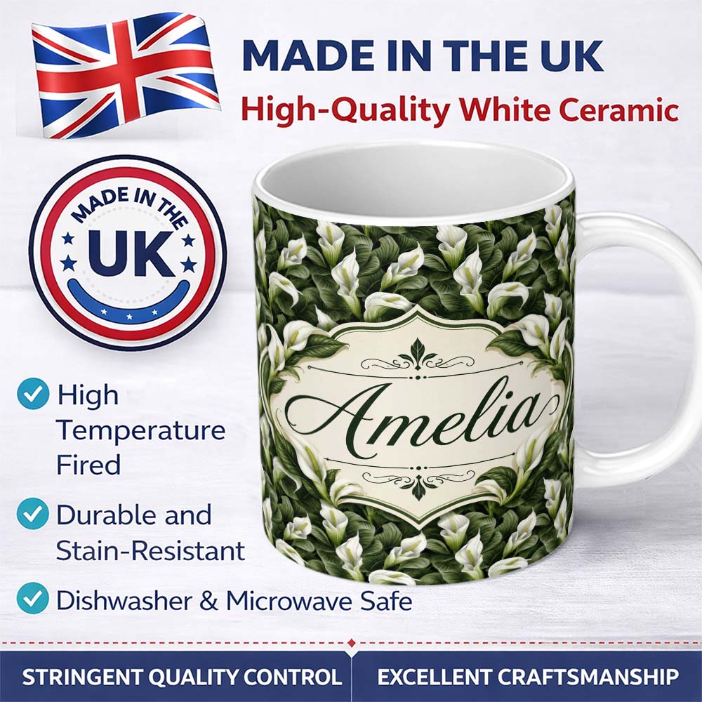 Personalized Custom Name Elegant White Peace Lily Deep Green Leaves Seamless Pattern Name 11oz Ceramic Coffee Tea Mug White Large Handle