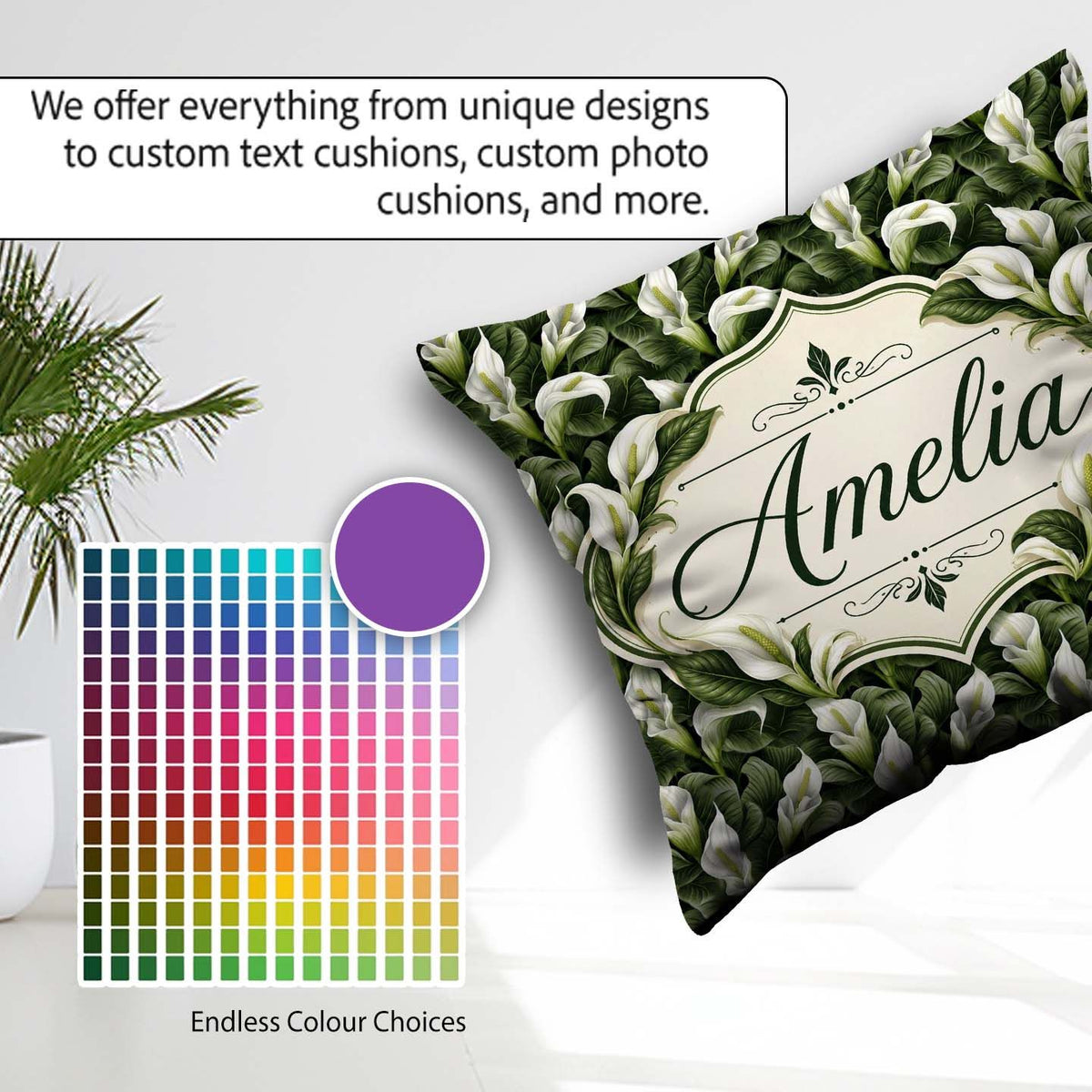 Custom Name Elegant White Peace Lily Deep Green Seamless Pattern Square Filled Cushion Throw Pillow Sofa Bed Home Decor Zip Washable UK Made