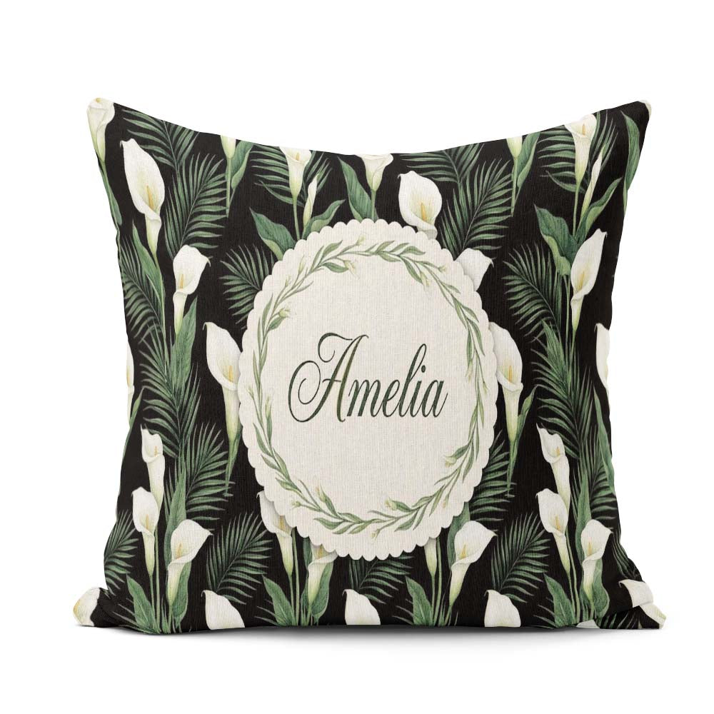 Custom Name Tropical Calla Lily Jungle Leaves Seamless Name Cute Square Filled Cushion Throw Pillow Sofa Bed Home Decor Zip Washable UK Made