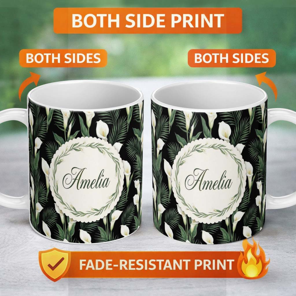 Personalized Custom Name Tropical Calla Lily Jungle Leaves Seamless Pattern Name Cute Unique 11oz Ceramic Coffee Tea Mug White Large Handle