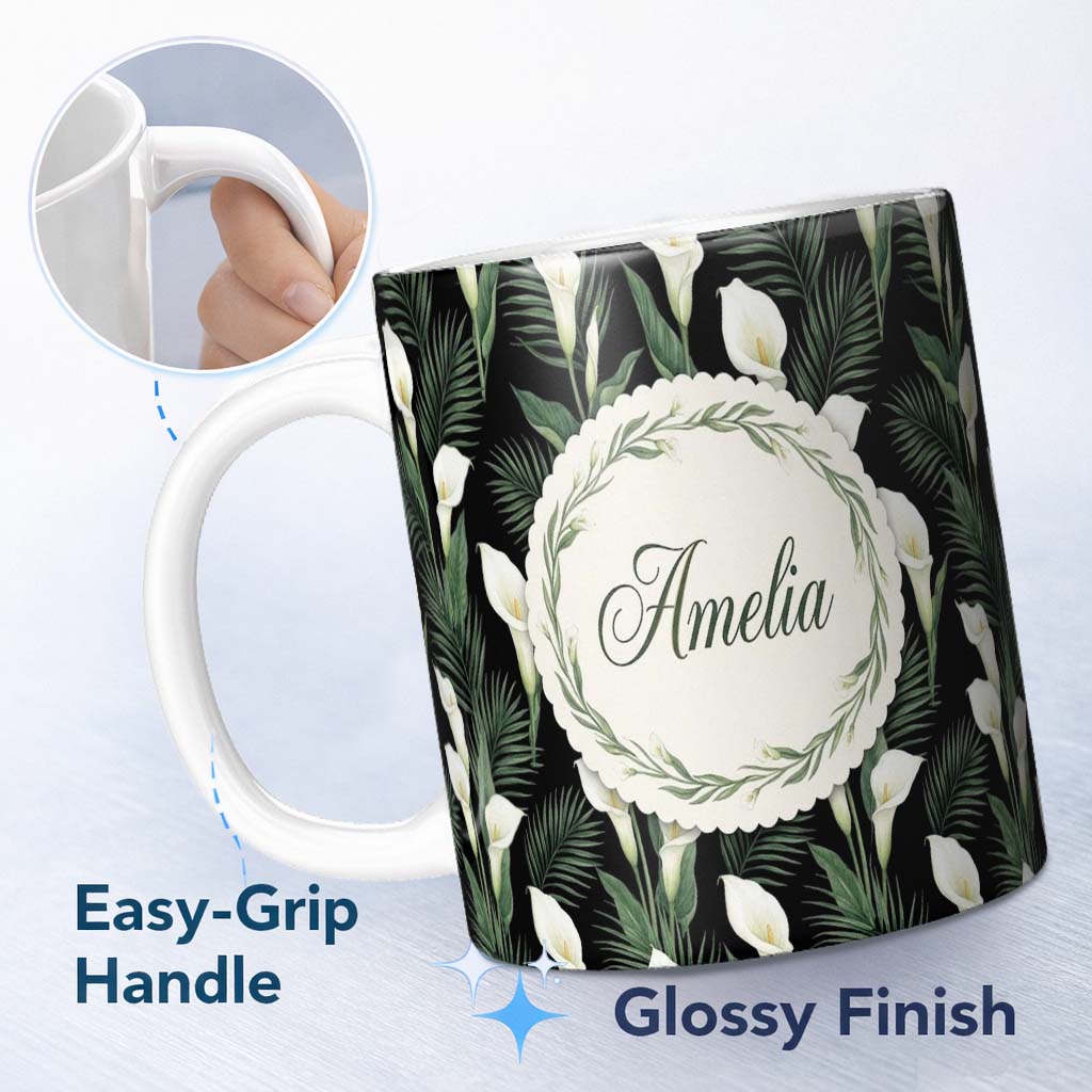 Personalized Custom Name Tropical Calla Lily Jungle Leaves Seamless Pattern Name Cute Unique 11oz Ceramic Coffee Tea Mug White Large Handle