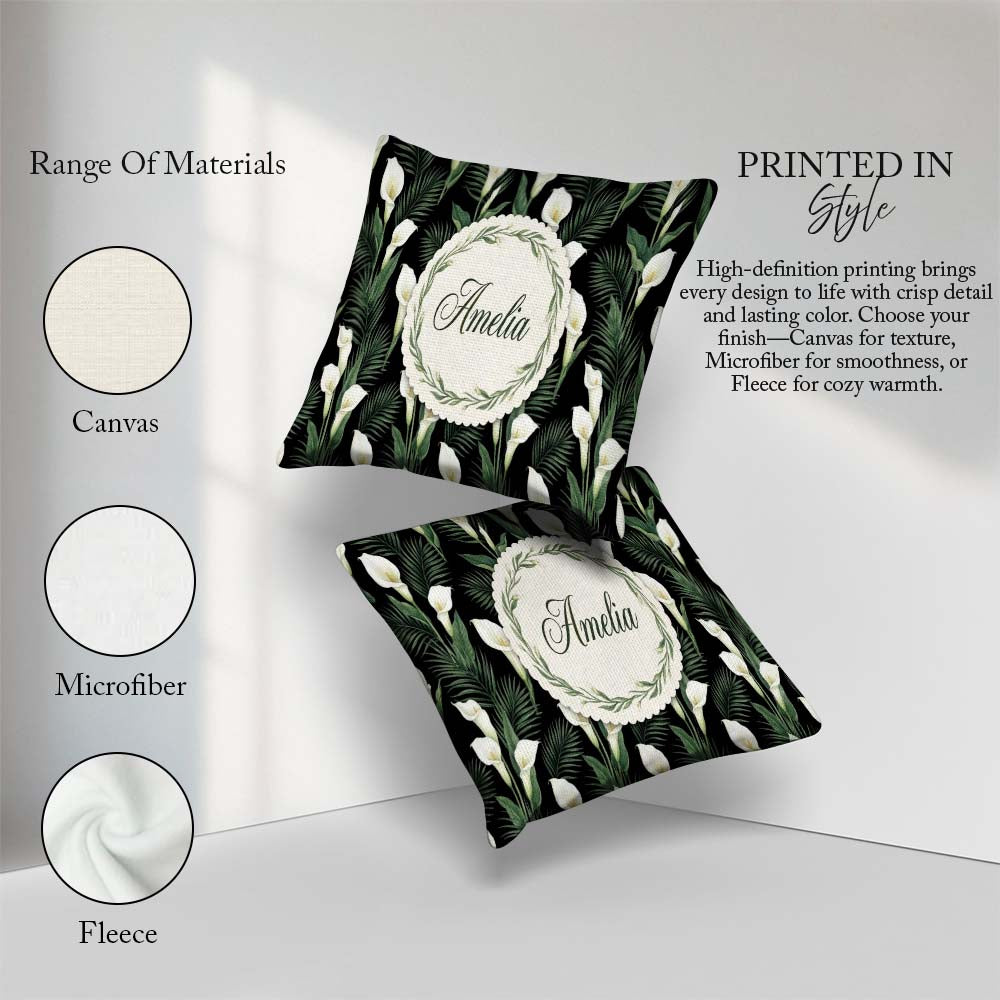 Custom Name Tropical Calla Lily Jungle Leaves Seamless Name Cute Square Filled Cushion Throw Pillow Sofa Bed Home Decor Zip Washable UK Made