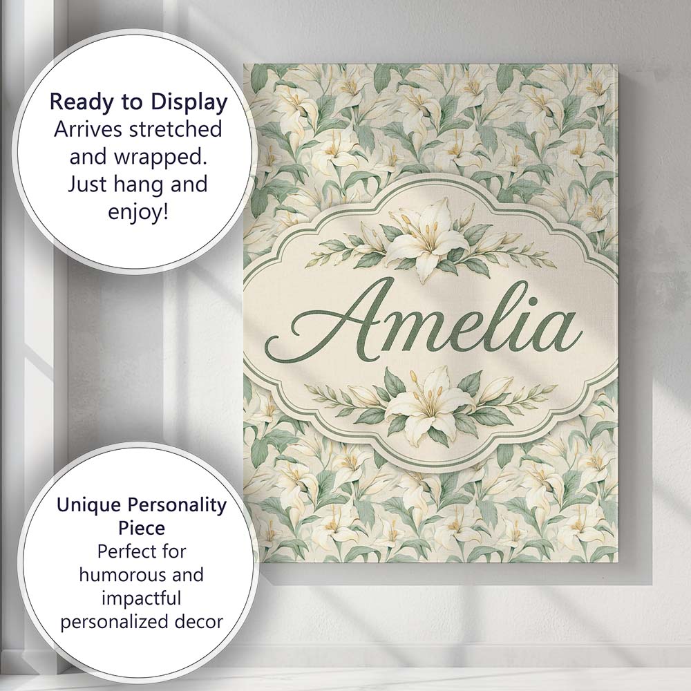 Personalised Name Soft Cream Lily Floral Custom Unique Gift Idea Elegant Feature Canvas Wall Art Print Decor Picture Ready to Hang