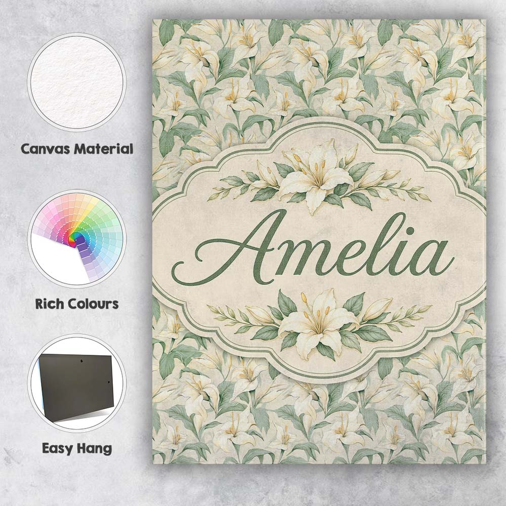 Personalised Name Soft Cream Lily Floral Custom Unique Gift Idea Elegant Feature Canvas Wall Art Print Decor Picture Ready to Hang