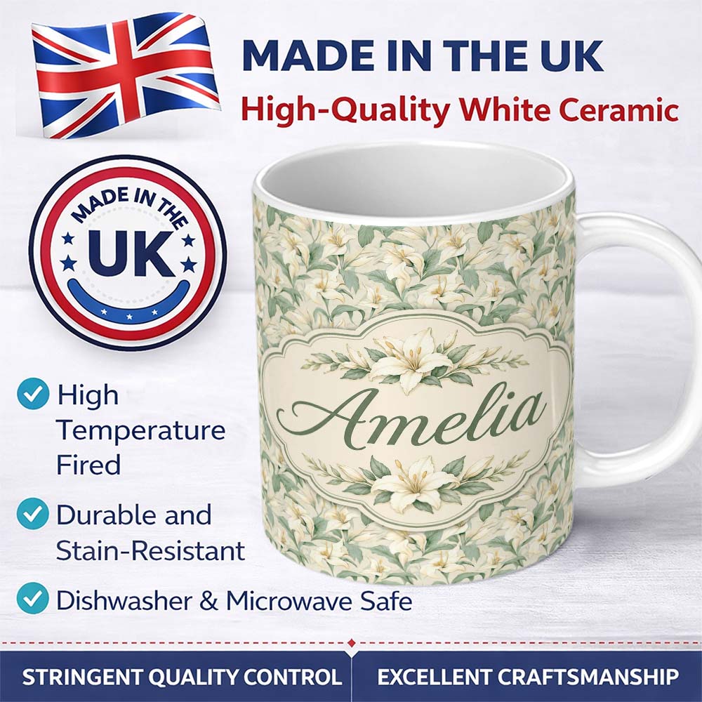 Personalized Custom Name Soft Cream Lily Floral Vintage Seamless Pattern Name Cute Unique 11oz Ceramic Coffee Tea Mug White Large Handle
