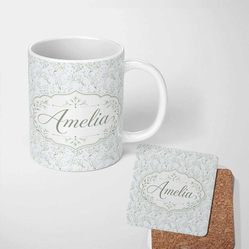 Personalized Custom Name Delicate Minimal Leaf Branch Pastel Seamless Pattern Name Cute 11oz Ceramic Coffee Tea Mug White Large Handle