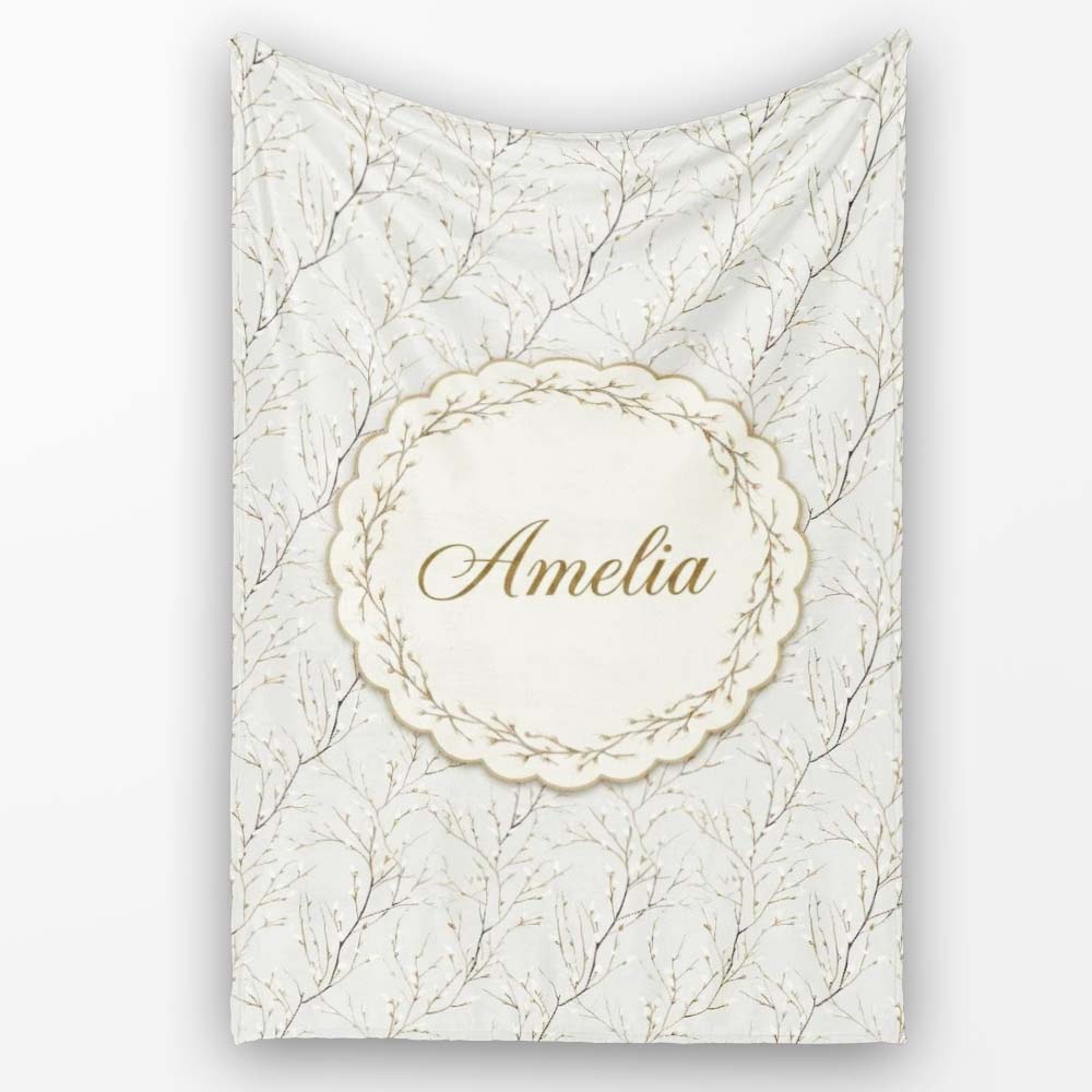 Neutral Beige Twig Branch Botanical Seamless Pattern Name Cute Personalised Custom Name Super Soft Fleece Blanket Bed Sofa Throw