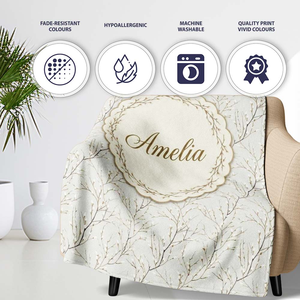 Neutral Beige Twig Branch Botanical Seamless Pattern Name Cute Personalised Custom Name Super Soft Fleece Blanket Bed Sofa Throw