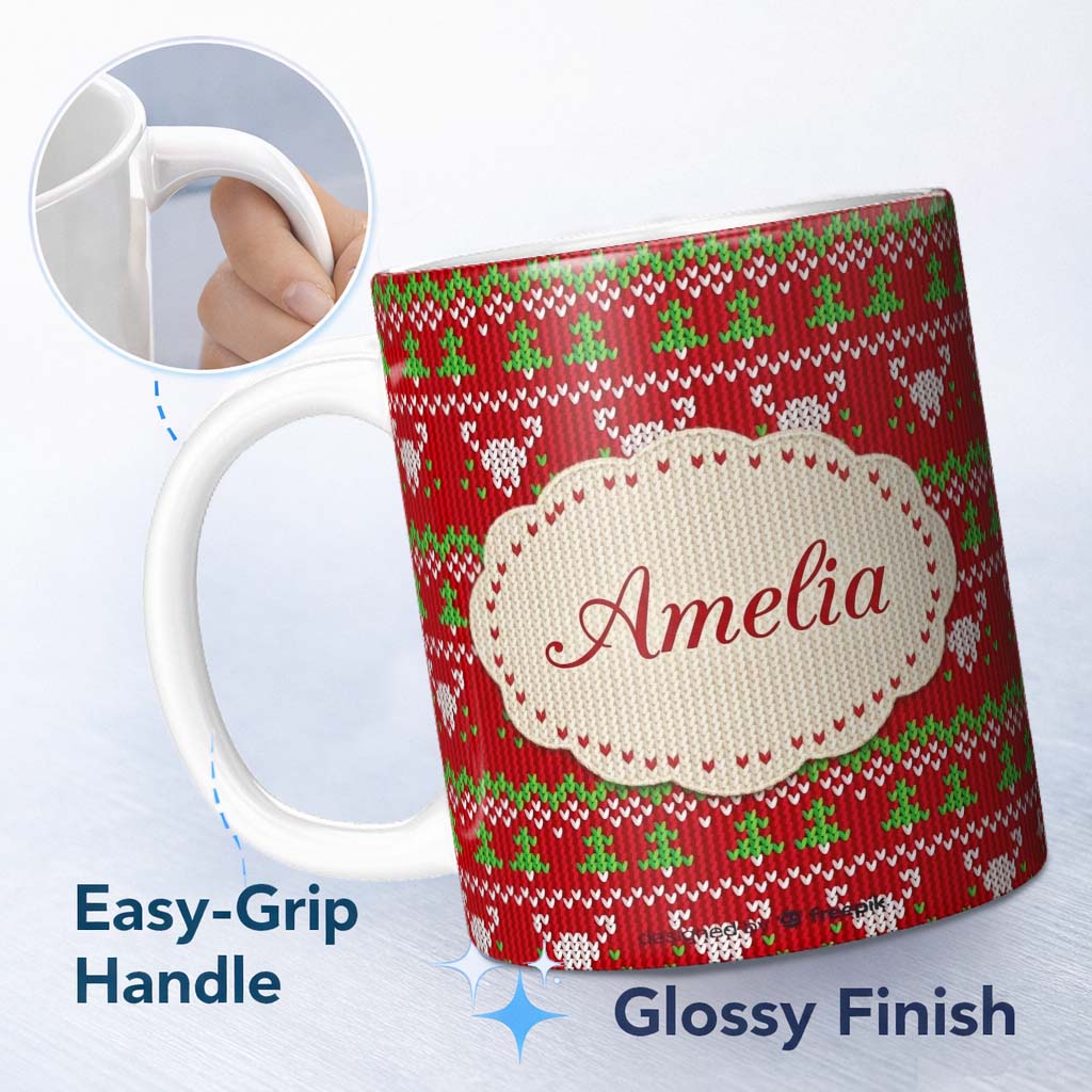 Personalized Custom Name Festive Heart Christmas Tree Knit Pattern Red Green White Nordic 11oz Ceramic Coffee Tea Mug White Large Handle
