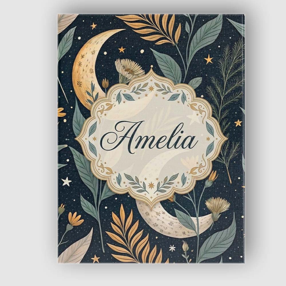Personalised Name Golden Celestial Floral Swirl Stars Night Seamless Custom Home Canvas Wall Art Print Decor Picture Ready to Hang