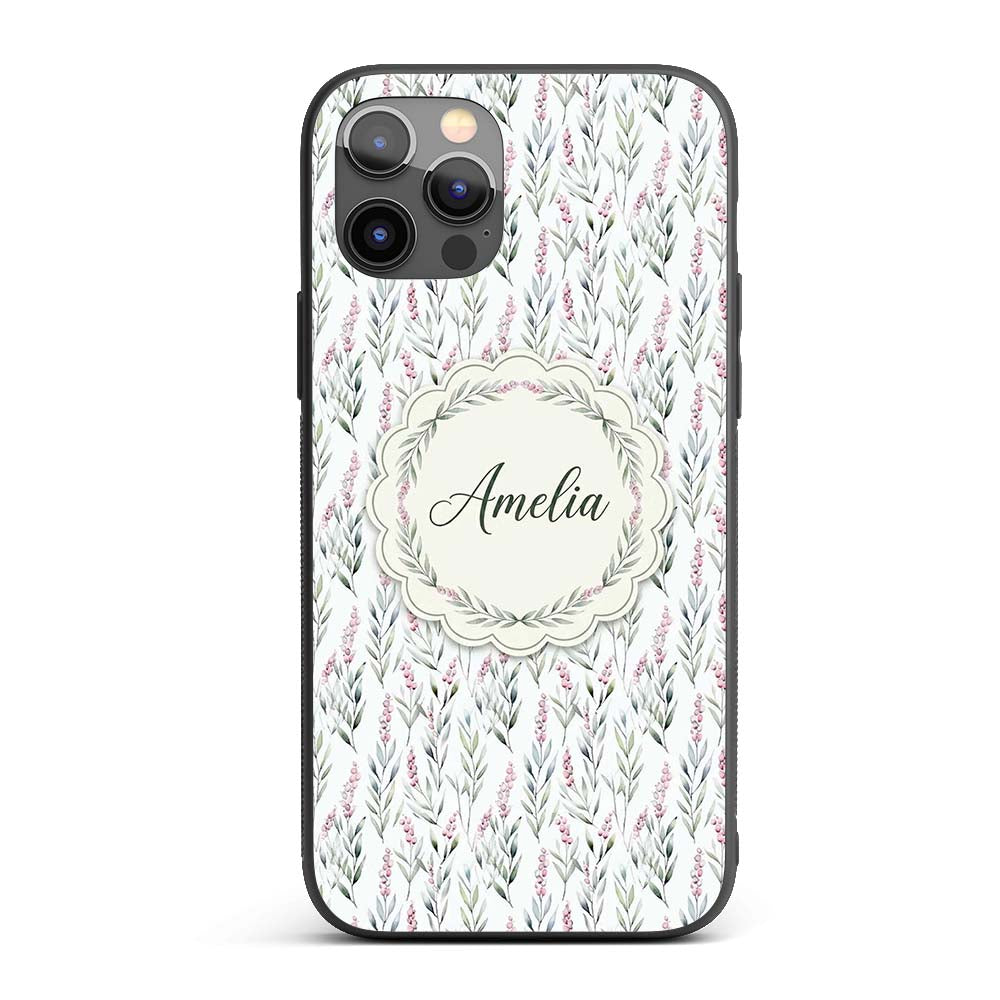Soft Pastel Botanical Leaves with Pink Berries Custom Name Protective Phone Case Mobile Cover Durable Everyday Smartphone Shock Resistant