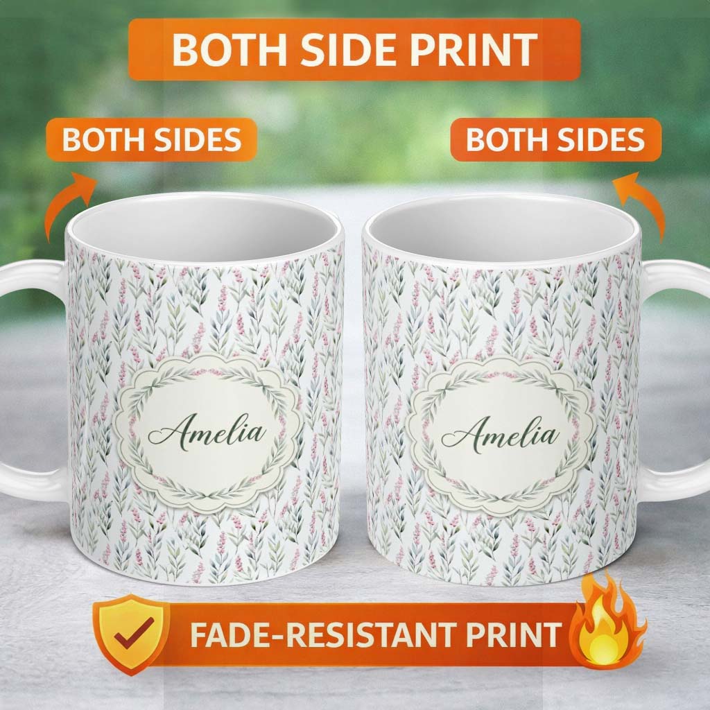 Personalized Custom Name Soft Pastel Botanical Leaves with Pink Berries Seamless Pattern 11oz Ceramic Coffee Tea Mug White Large Handle