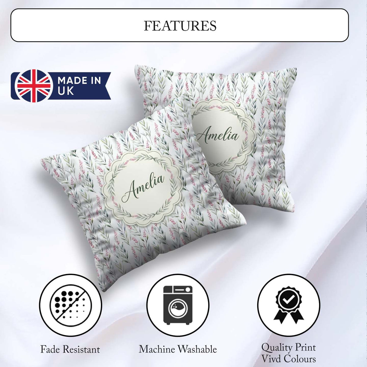 Custom Name Soft Pastel Botanical with Berries Seamless Pattern Square Filled Cushion Throw Pillow Sofa Bed Home Decor Zip Washable UK Made