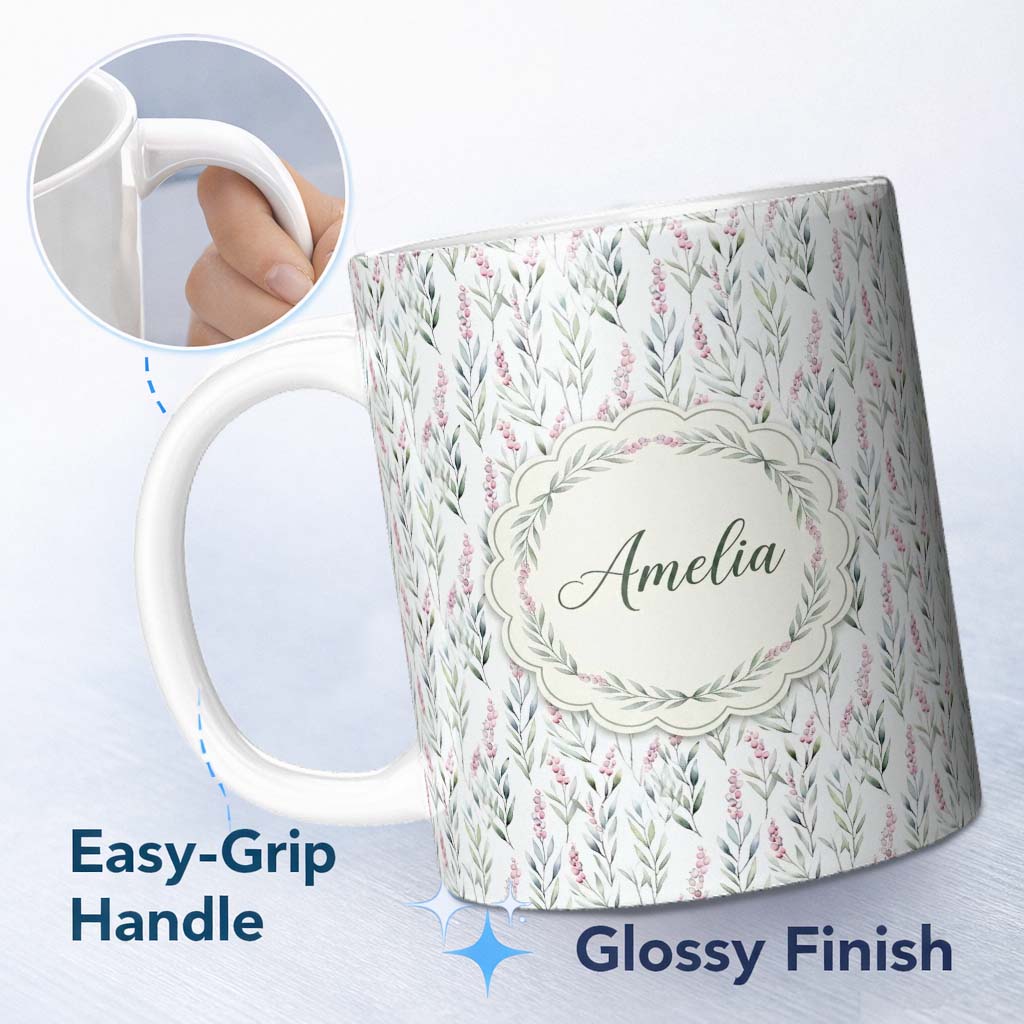 Personalized Custom Name Soft Pastel Botanical Leaves with Pink Berries Seamless Pattern 11oz Ceramic Coffee Tea Mug White Large Handle