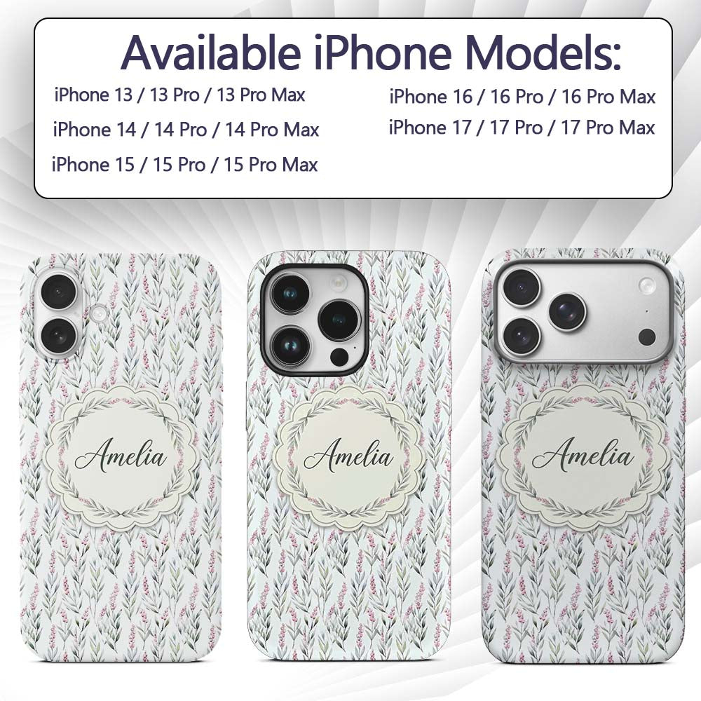 Soft Pastel Botanical Leaves with Pink Berries Custom Name Protective Phone Case Mobile Cover Durable Everyday Smartphone Shock Resistant