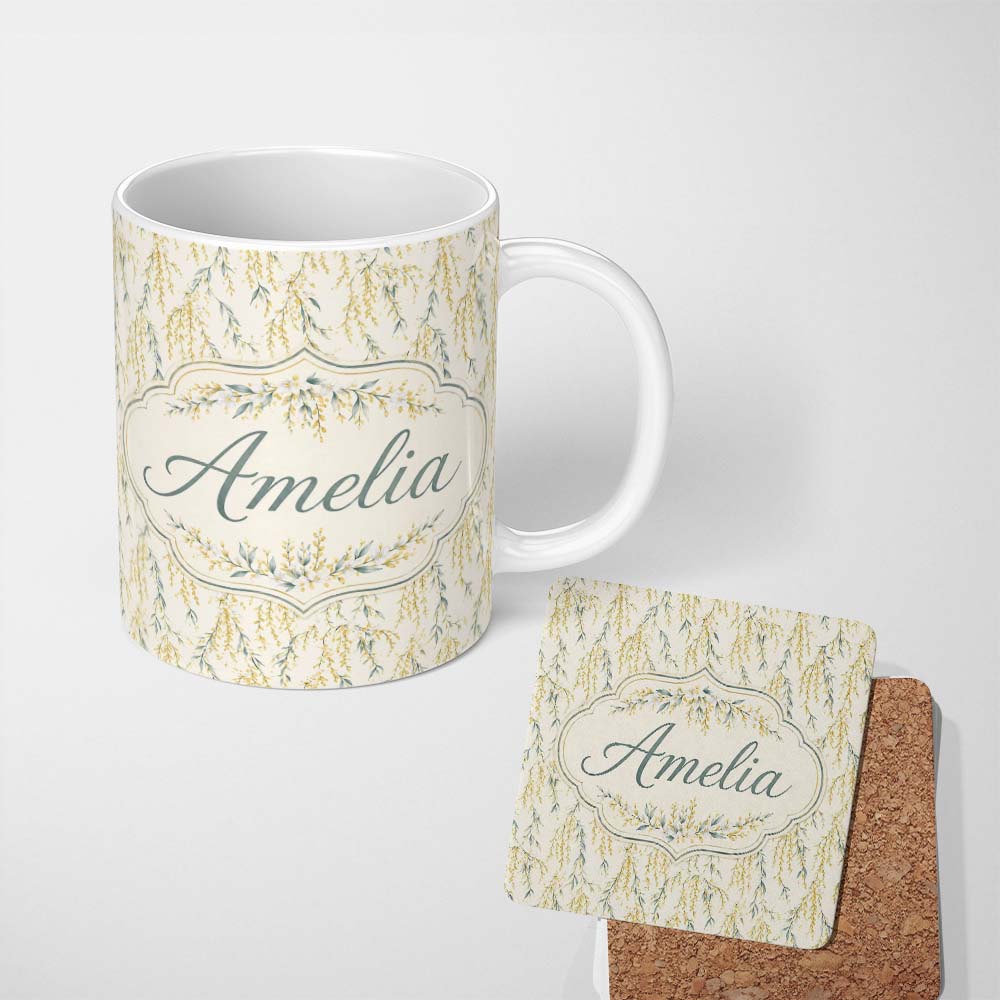 Personalized Custom Name Elegant Hanging Yellow Floral Branches Seamless Pattern Name Cute 11oz Ceramic Coffee Tea Mug White Large Handle