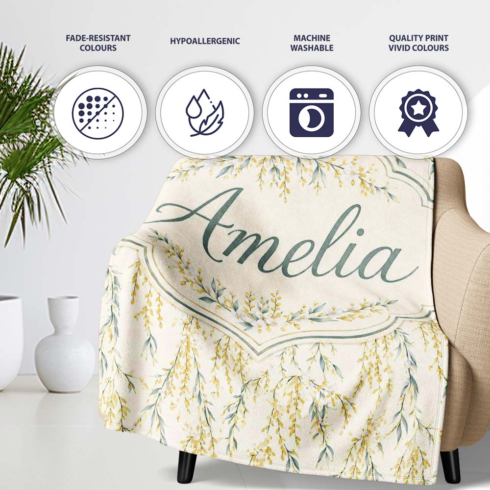 Elegant Hanging Yellow Floral Branches Seamless Pattern Name Cute Personalised Custom Name Super Soft Fleece Blanket Bed Sofa Throw