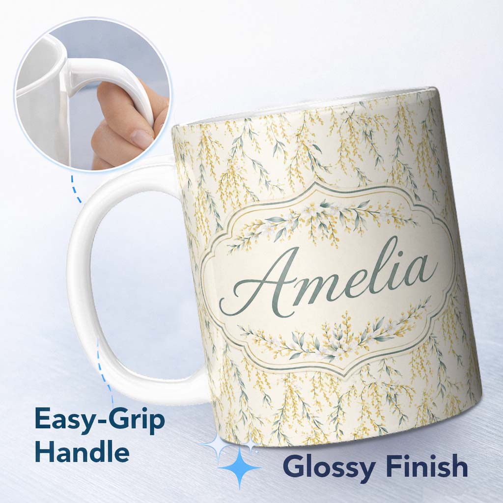 Personalized Custom Name Elegant Hanging Yellow Floral Branches Seamless Pattern Name Cute 11oz Ceramic Coffee Tea Mug White Large Handle