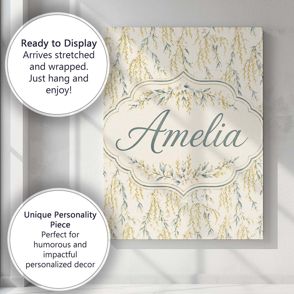 Personalised Name Elegant Hanging Yellow Custom Interior Decorative Contemporary Canvas Wall Art Print Decor Picture Ready to Hang