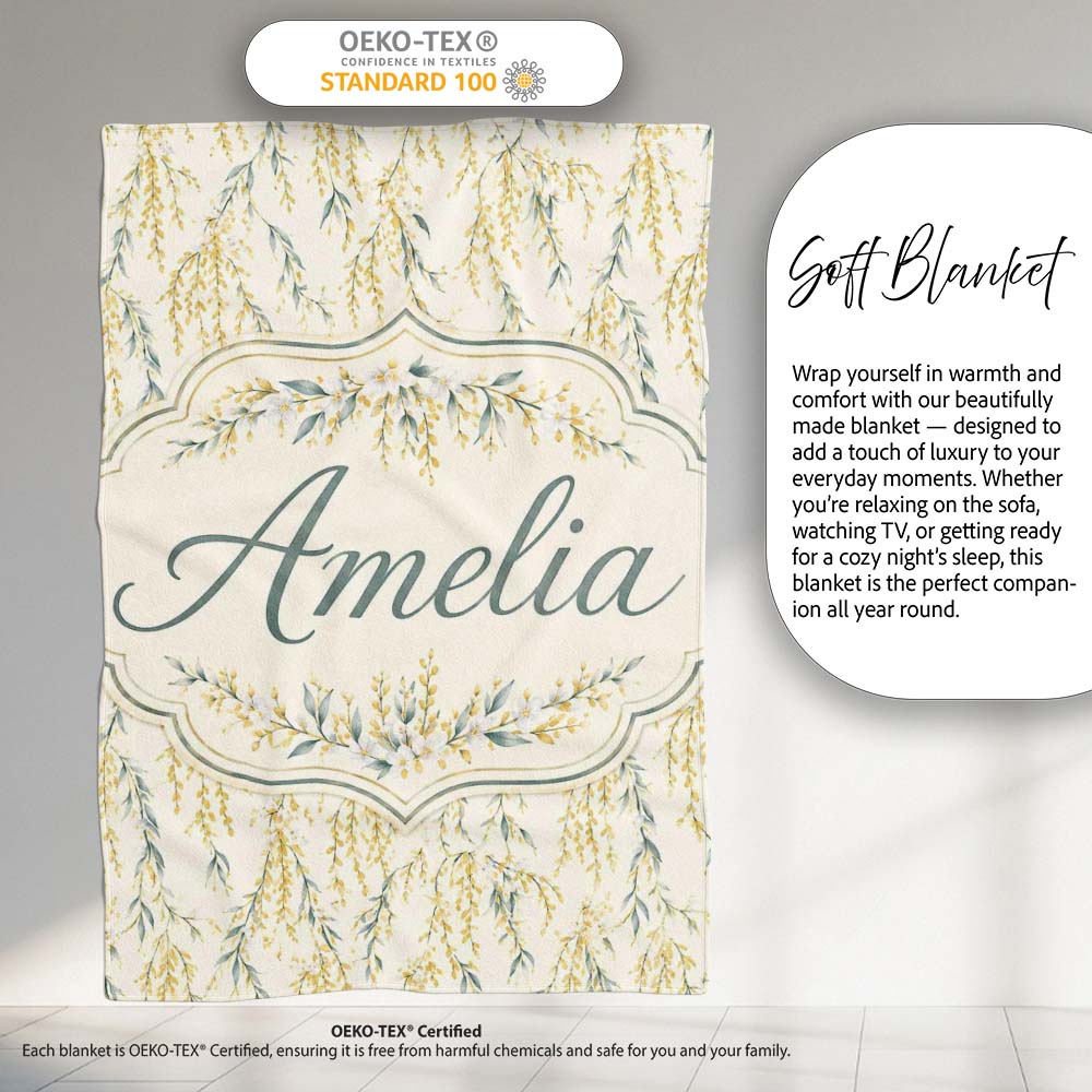 Elegant Hanging Yellow Floral Branches Seamless Pattern Name Cute Personalised Custom Name Super Soft Fleece Blanket Bed Sofa Throw