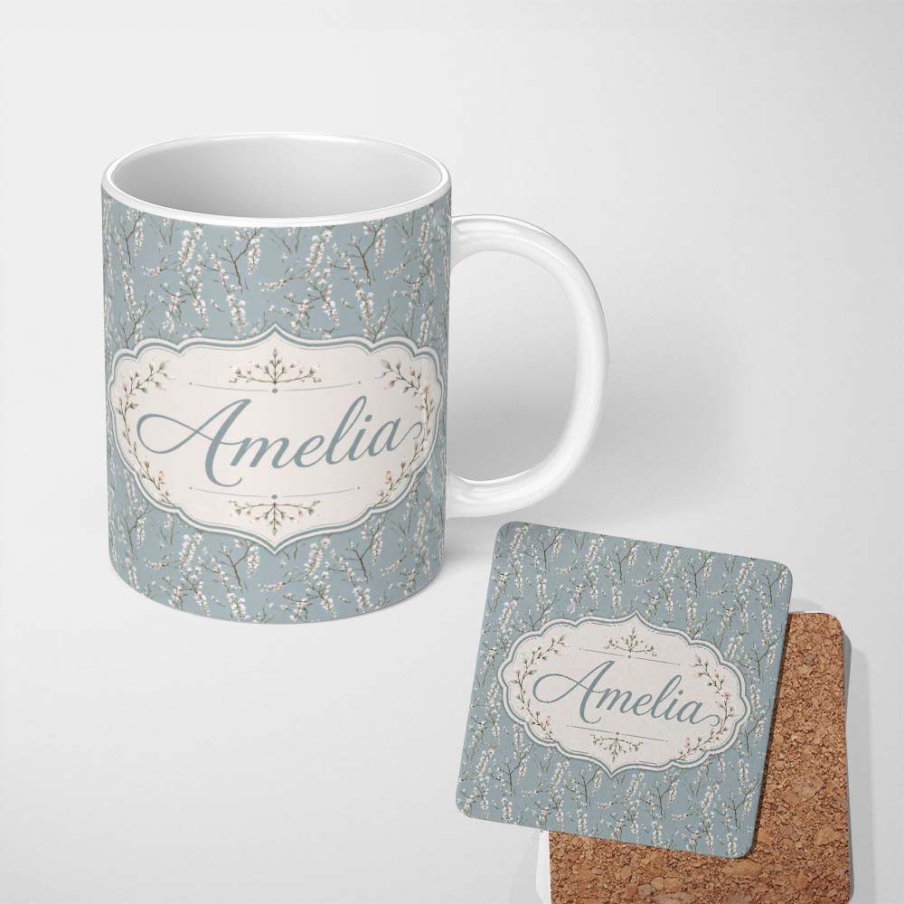 Personalized Custom Name Delicate White Blossom Branches on Blue Background Seamless Pattern 11oz Ceramic Coffee Tea Mug White Large Handle