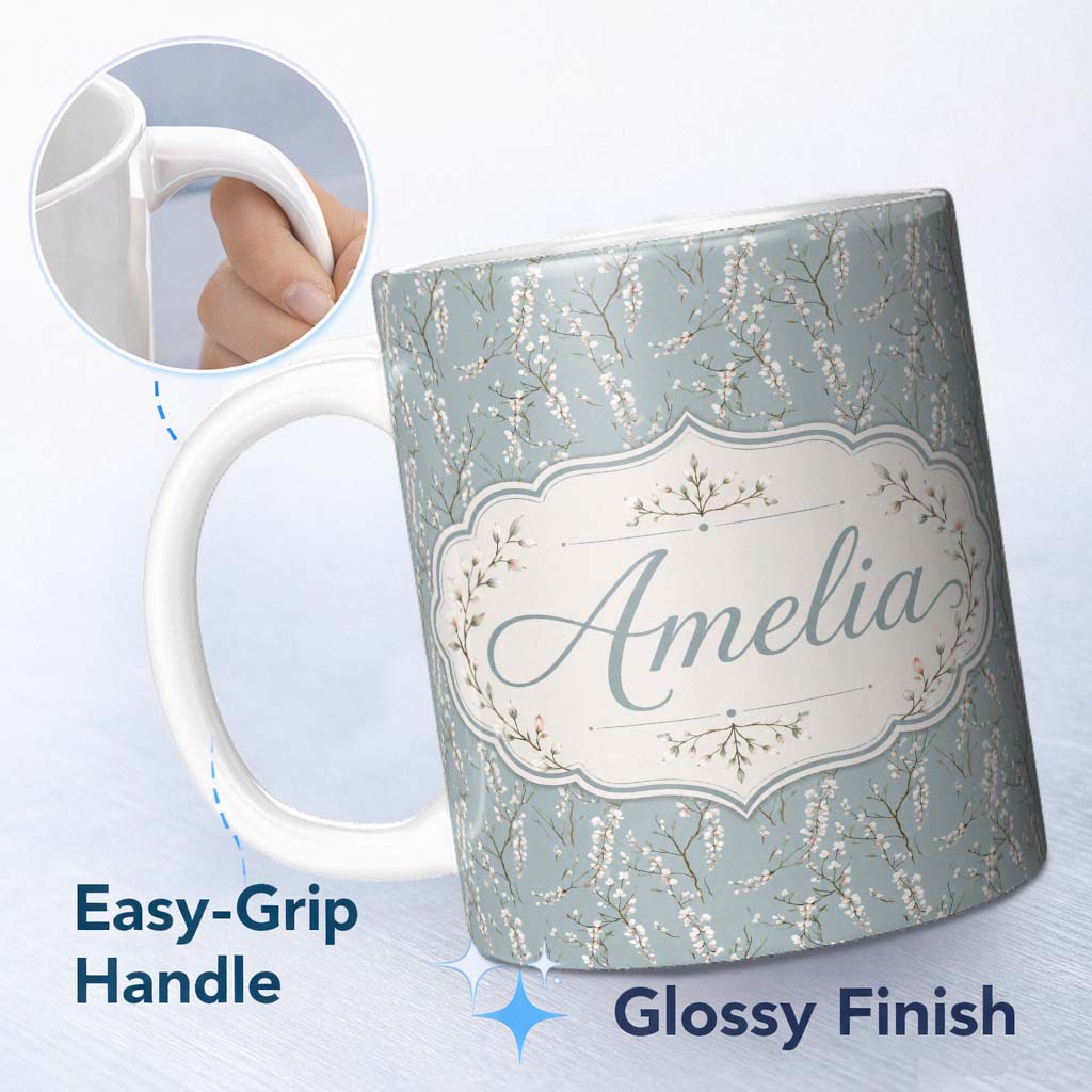 Personalized Custom Name Delicate White Blossom Branches on Blue Background Seamless Pattern 11oz Ceramic Coffee Tea Mug White Large Handle