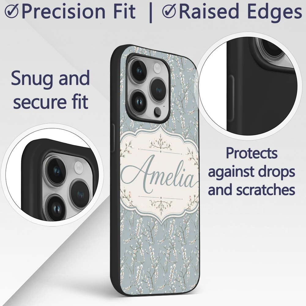 Delicate White Blossom Branches on Printed Design Custom Name Protective Phone Case Mobile Cover Durable Everyday Smartphone Shock Resistant