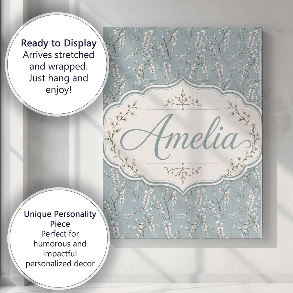 Personalised Name Delicate White Blossom Custom Unique Gift Idea Elegant Feature Canvas Wall Art Print Decor Picture Ready to Hang