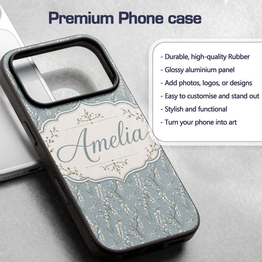 Delicate White Blossom Branches on Printed Design Custom Name Protective Phone Case Mobile Cover Durable Everyday Smartphone Shock Resistant