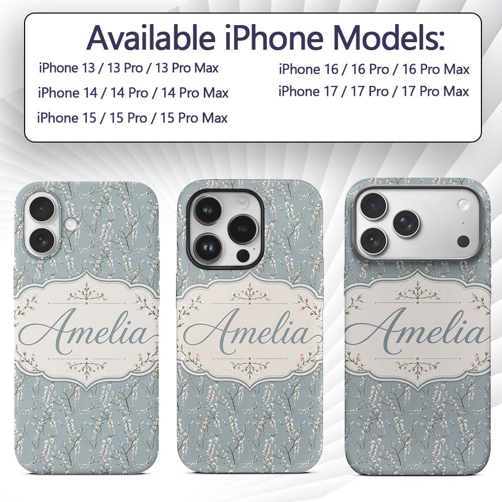 Delicate White Blossom Branches on Printed Design Custom Name Protective Phone Case Mobile Cover Durable Everyday Smartphone Shock Resistant