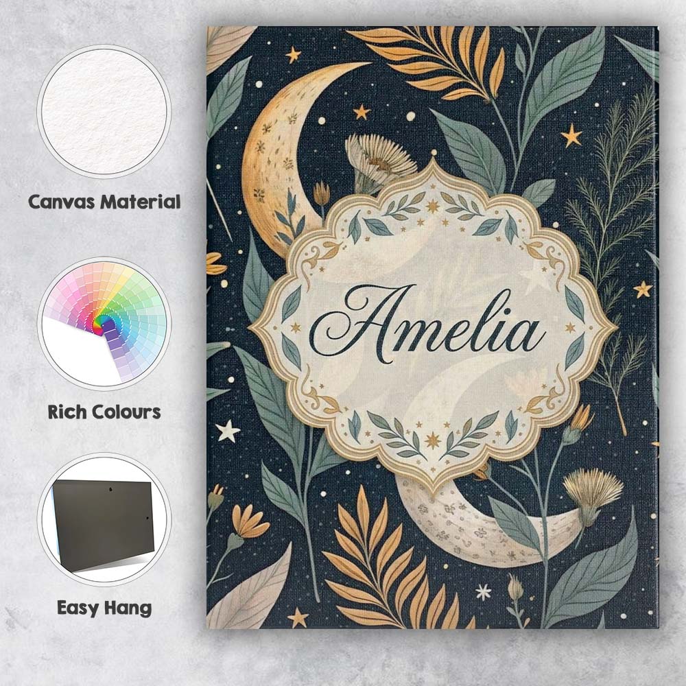 Personalised Name Golden Celestial Floral Swirl Stars Night Seamless Custom Home Canvas Wall Art Print Decor Picture Ready to Hang