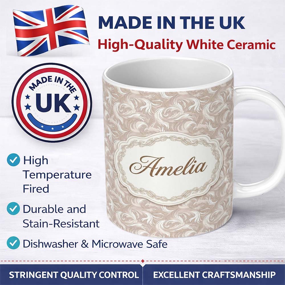Personalized Custom Name Classic Beige Swirl Damask Ornamental Seamless Pattern Name Cute 11oz Ceramic Coffee Tea Mug White Large Handle