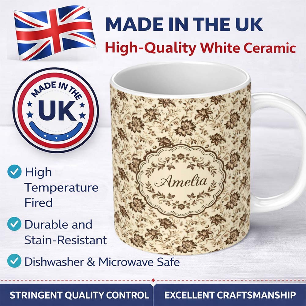 Personalized Custom Name Vintage Brown Floral Garden Seamless Pattern Name Cute Unique Gift 11oz Ceramic Coffee Tea Mug White Large Handle