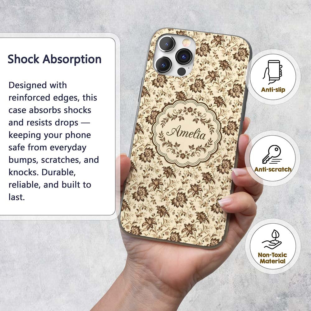 Vintage Brown Floral Garden Seamless Pattern Name Custom Name Protective Phone Case Mobile Cover Durable Everyday Smartphone Shock Resistant