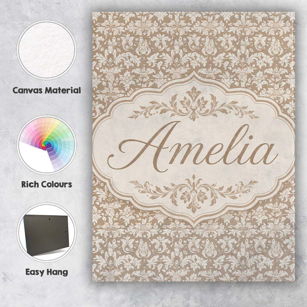 Personalised Name Neutral Taupe Damask Custom Modern Room Accent Elegant Feature Canvas Wall Art Print Decor Picture Ready to Hang