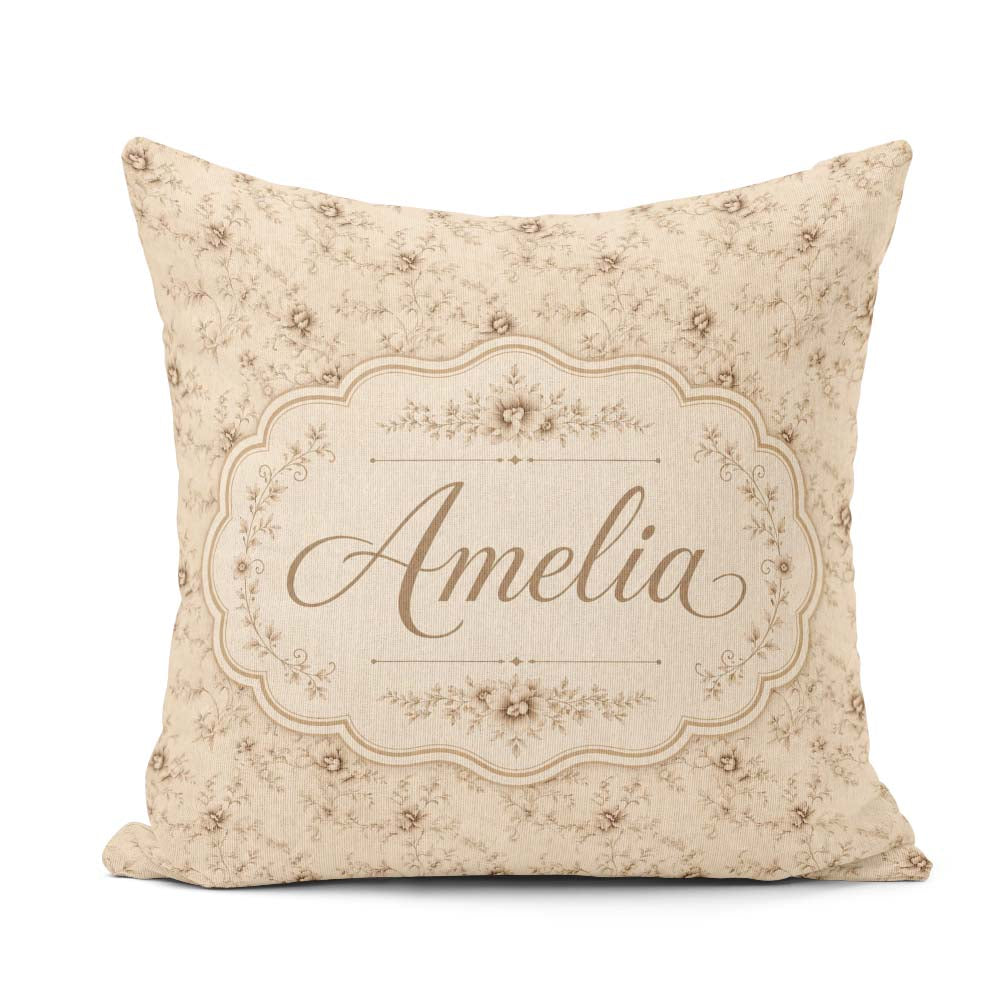 Custom Name Antique Sepia Floral Vine Seamless Pattern Name Cute Square Filled Cushion Throw Pillow Sofa Bed Home Decor Zip Washable UK Made