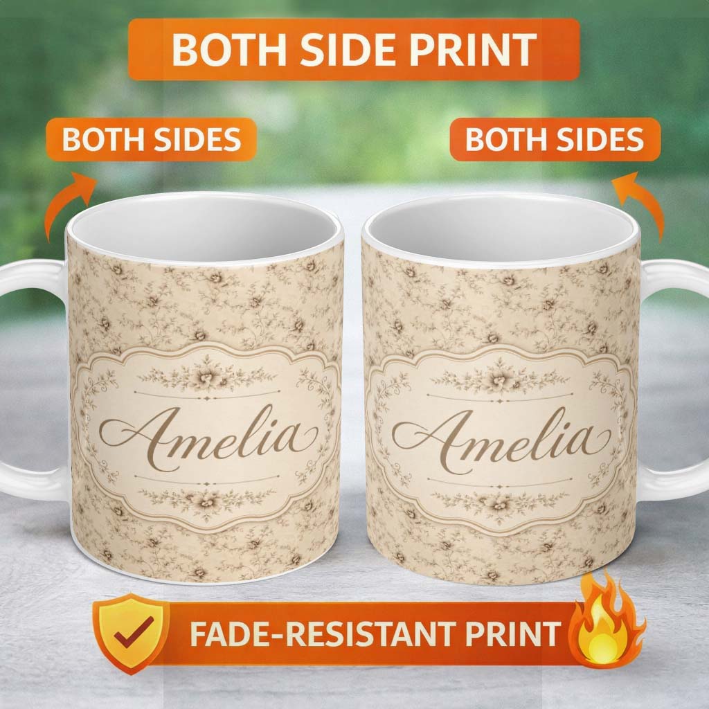 Personalized Custom Name Antique Sepia Floral Vine Botanical Seamless Pattern Name Cute 11oz Ceramic Coffee Tea Mug White Large Handle