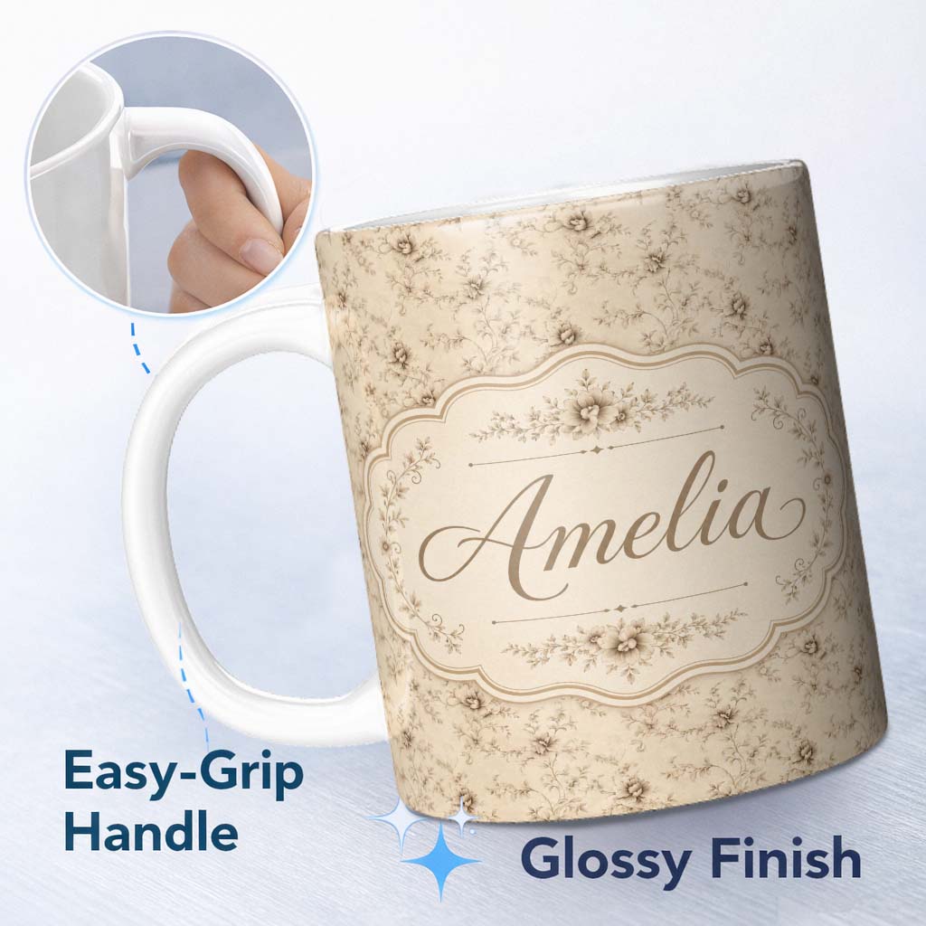 Personalized Custom Name Antique Sepia Floral Vine Botanical Seamless Pattern Name Cute 11oz Ceramic Coffee Tea Mug White Large Handle