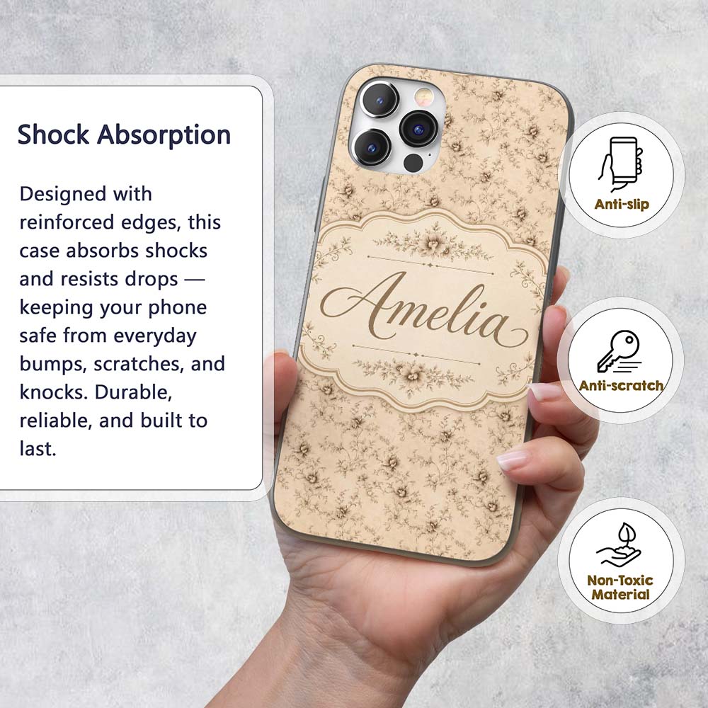 Antique Sepia Floral Vine Botanical Seamless Custom Name Protective Phone Case Mobile Cover Durable Everyday Smartphone Shock Resistant