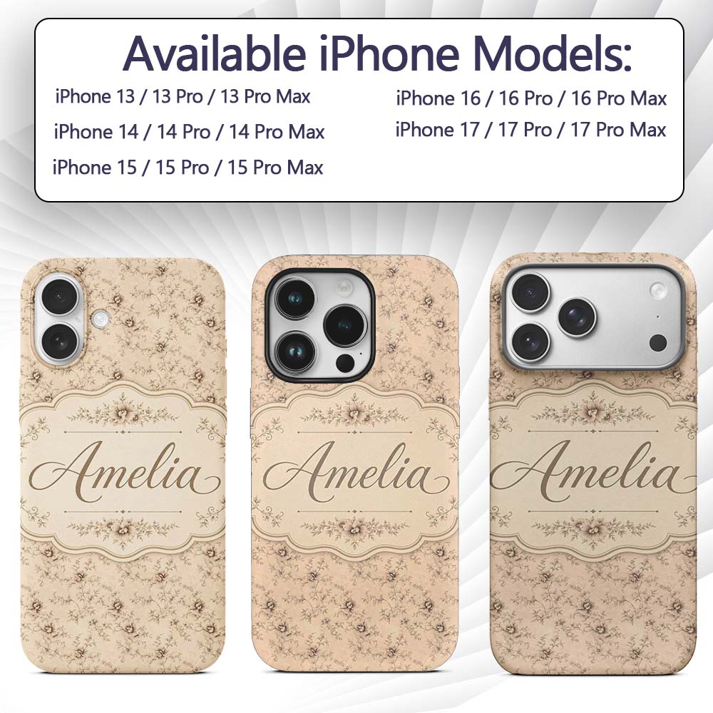 Antique Sepia Floral Vine Botanical Seamless Custom Name Protective Phone Case Mobile Cover Durable Everyday Smartphone Shock Resistant