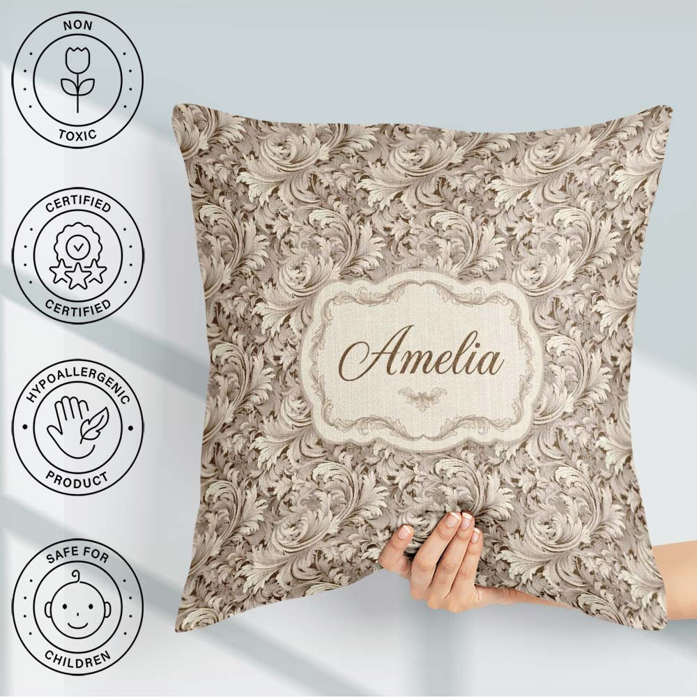 Custom Name Luxury Baroque Leaf Ornamental Seamless Pattern Name Square Filled Cushion Throw Pillow Sofa Bed Home Decor Zip Washable UK Made