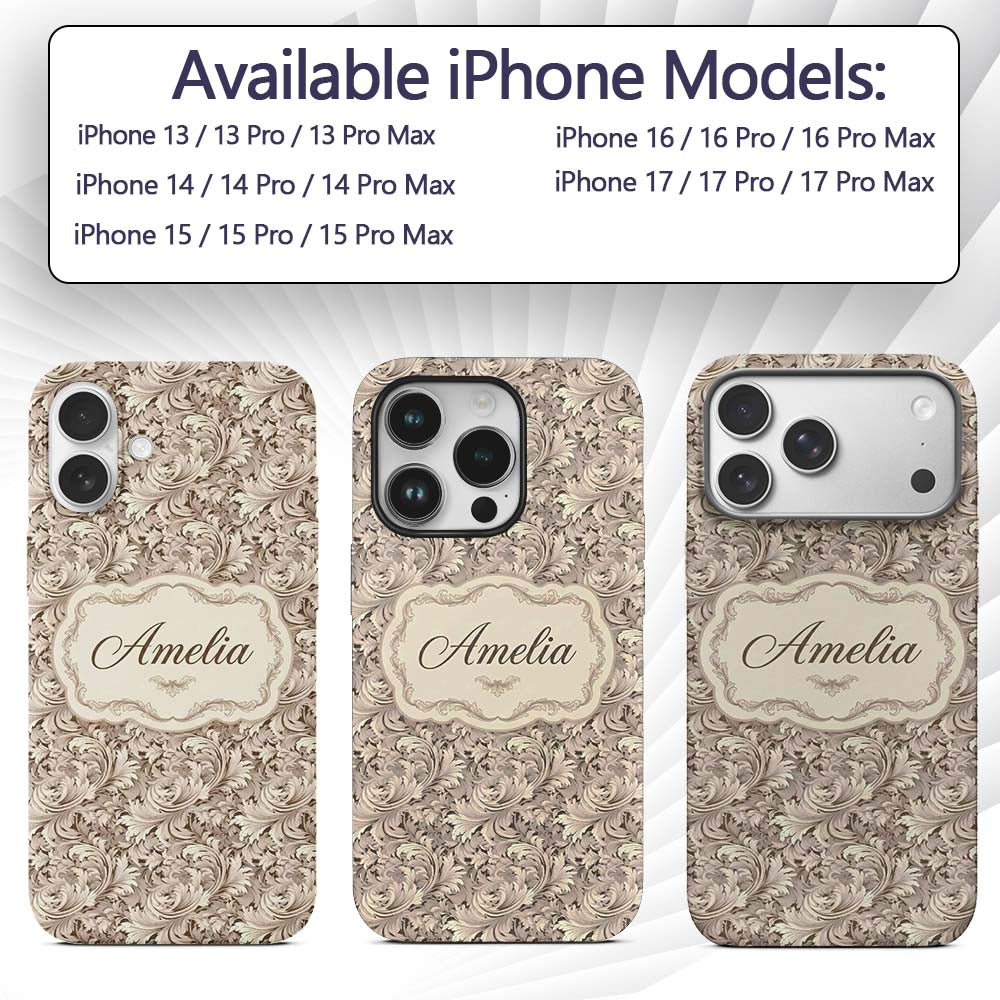 Luxury Baroque Scroll Leaf Ornamental Seamless Custom Name Protective Phone Case Mobile Cover Durable Everyday Smartphone Shock Resistant