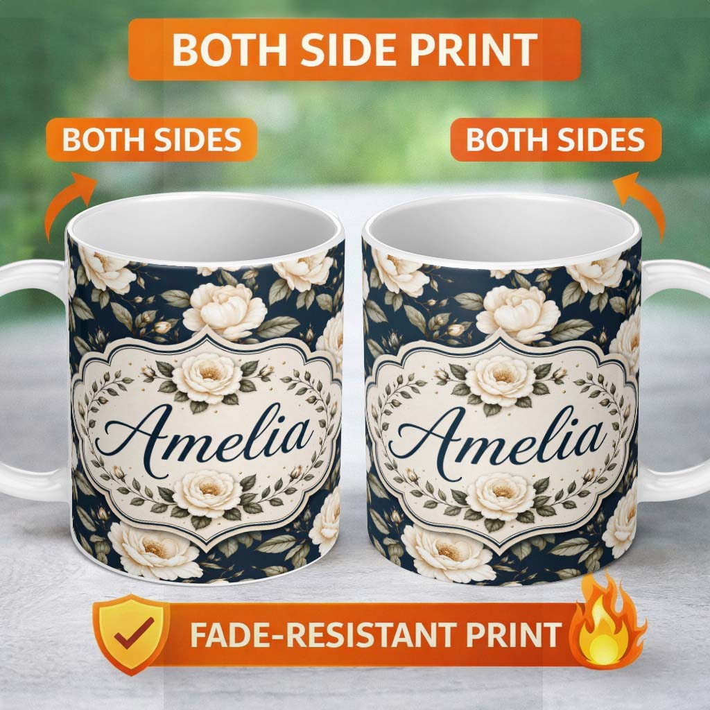 Personalized Custom Name Elegant Beige Roses on Black Floral Seamless Pattern Lovely 11oz Ceramic Coffee Tea Mug White Large Handle