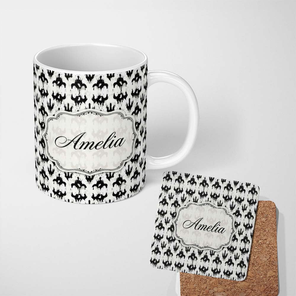 Personalized Custom Name Black White Ink Blot Symmetrical Abstract Seamless Pattern Lovely 11oz Ceramic Coffee Tea Mug White Large Handle