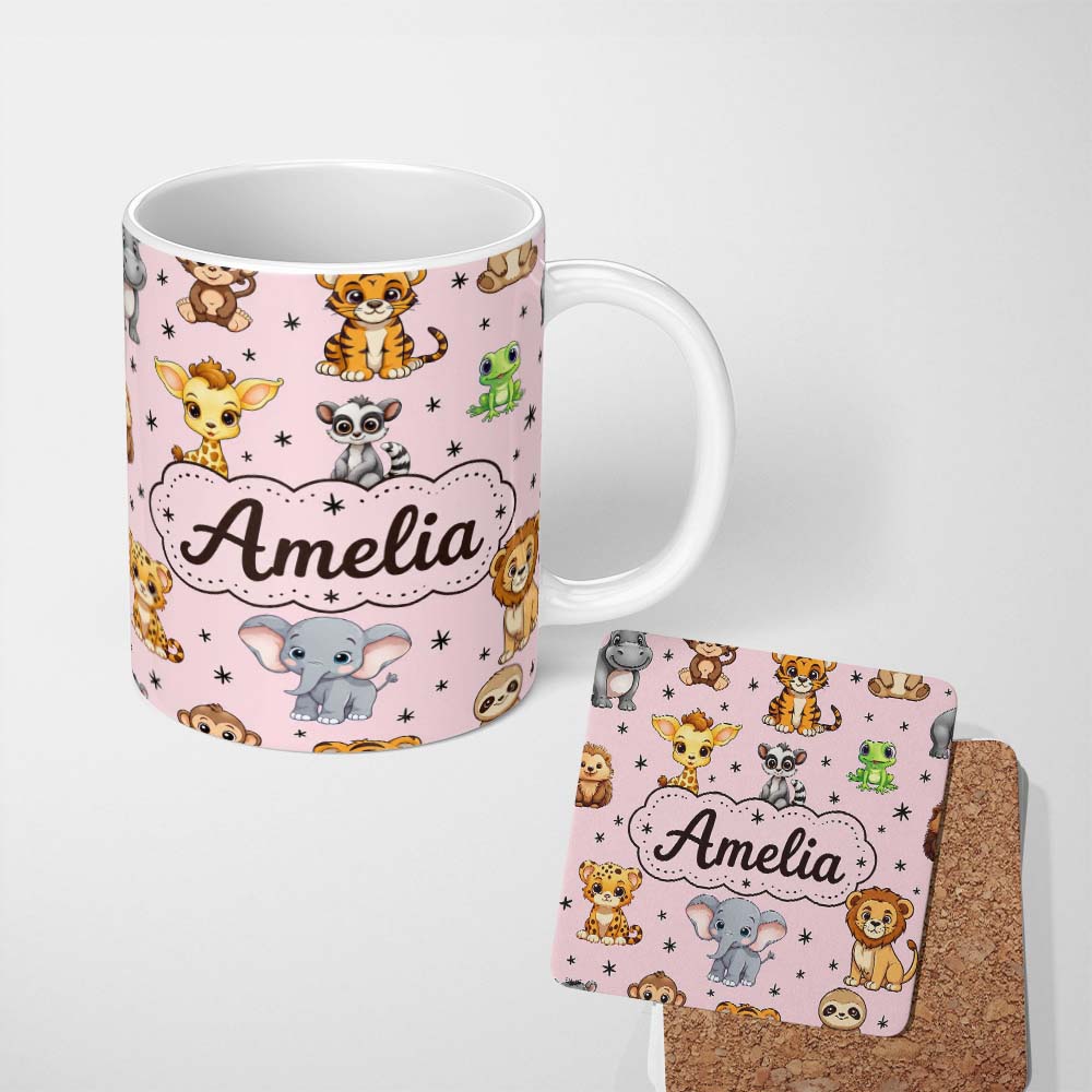 Personalized Custom Name Cute Cartoon Safari Animals with Stars on Pink Background Nursery 11oz Ceramic Coffee Tea Mug White Large Handle
