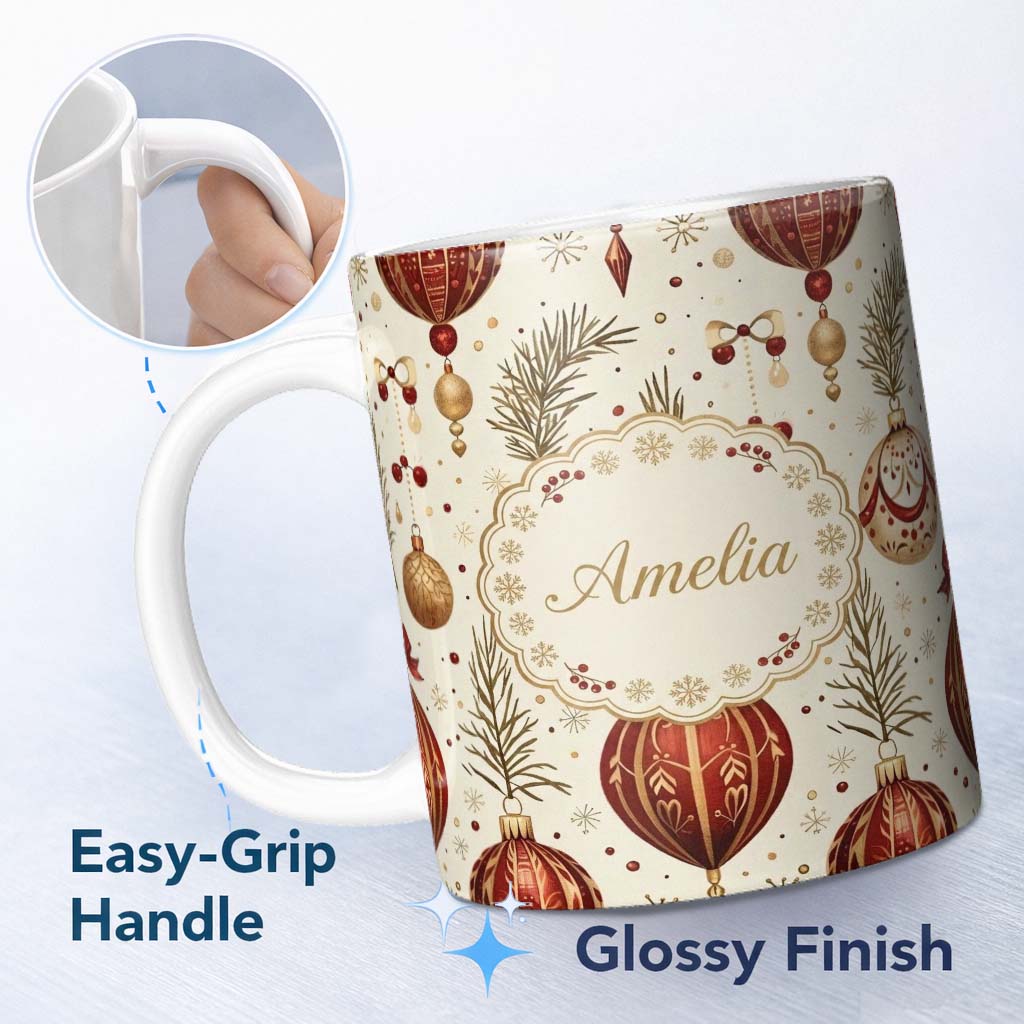 Personalized Custom Name Elegant Red Gold Christmas Baubles Pine Branch Seamless Pattern 11oz Ceramic Coffee Tea Mug White Large Handle