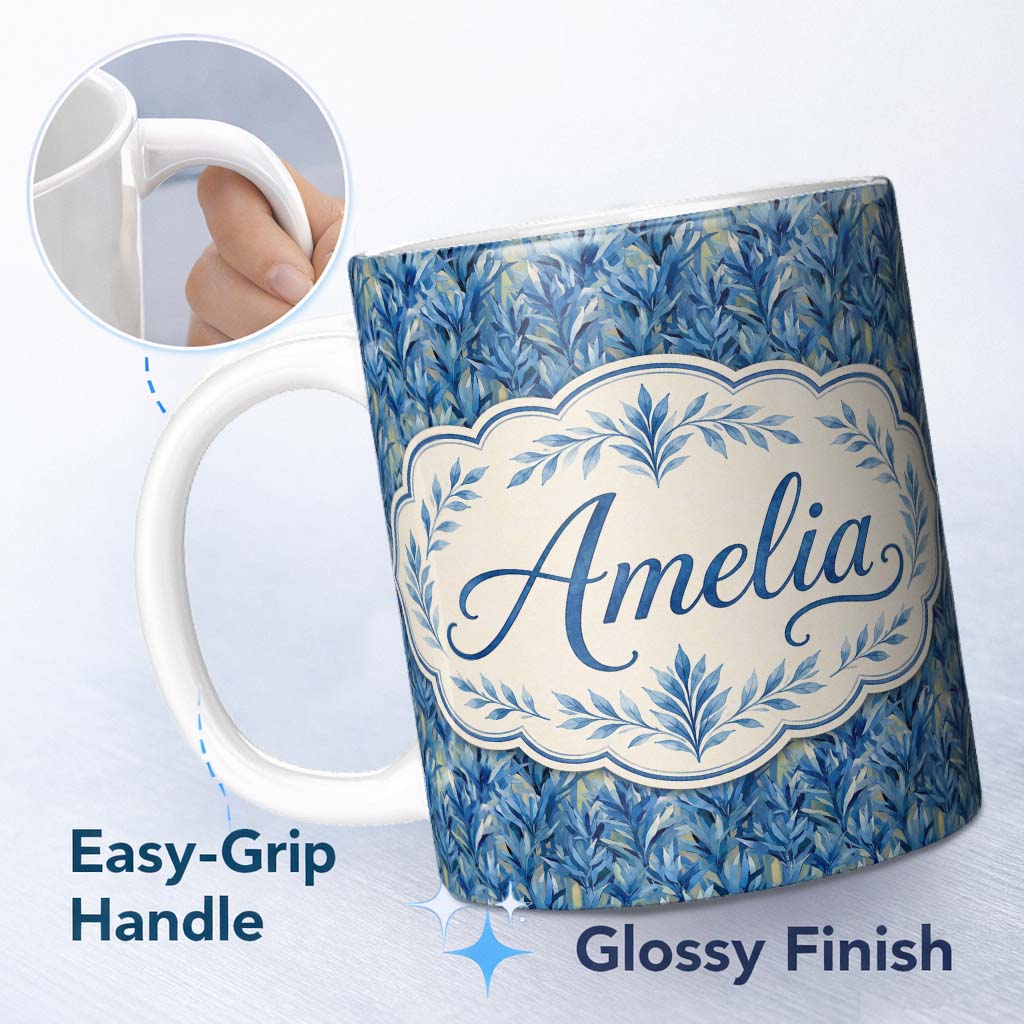 Personalized Custom Name Abstract Blue Tropical Leaf Painterly Seamless Pattern Lovely 11oz Ceramic Coffee Tea Mug White Large Handle