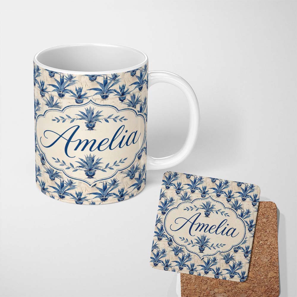 Personalized Custom Name Blue Potted Plant Botanical Vintage Seamless Pattern Lovely 11oz Ceramic Coffee Tea Mug White Large Handle