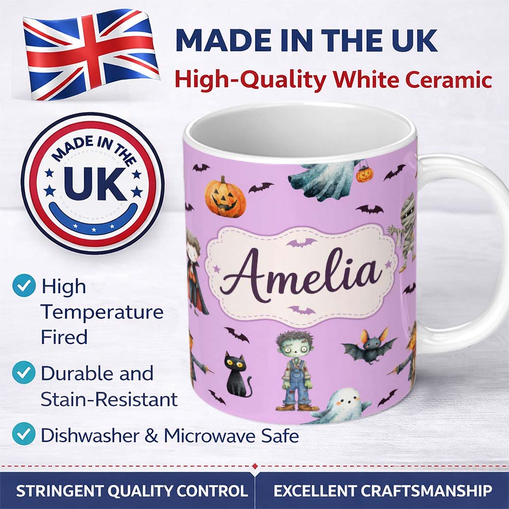 Personalized Custom Name Halloween Zombie Mummy Vampire Characters Purple Background Lovely 11oz Ceramic Coffee Tea Mug White Large Handle