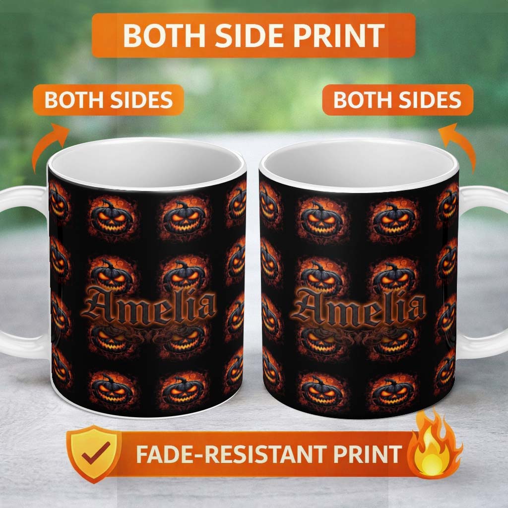 Personalized Custom Name Glowing Halloween Pumpkin Fire Eyes Dark Seamless Pattern Creepy 11oz Ceramic Coffee Tea Mug White Large Handle